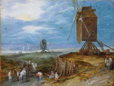 Dutch: Uitgestrekt landschap met molens, boeren en karren op de voorgrond Extensive landscape with mills, peasants and carriages in the foreground door Jan Brueghel the Elder