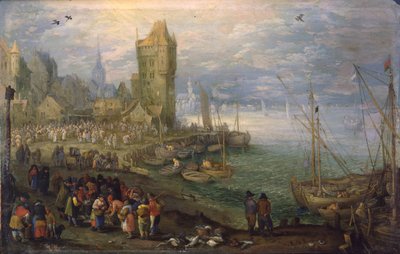 Dutch: Vismarkt bij een haven Fish market near a harbor door Jan Brueghel the Elder