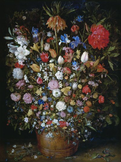Bloemen in een houten vaas door Jan Brueghel the Elder