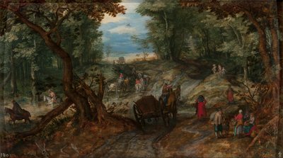 Bos met karren die een beek oversteken en ruiters door Jan Brueghel the Elder