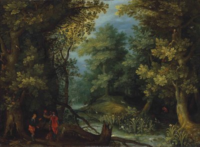 Jagers met honden bij een beek in een bosrijk landschap door Jan Brueghel the Elder