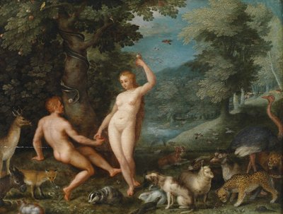 Paradijslandschap met Eva die Adam Verleidt door Jan Brueghel the Younger