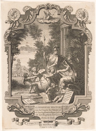 Cartouche met allegorie op de geschiedenis van Griekenland door Jan Caspar Philips