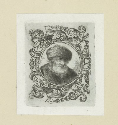 Oude man met bonthoed in ornamentrand door Jan Chalon