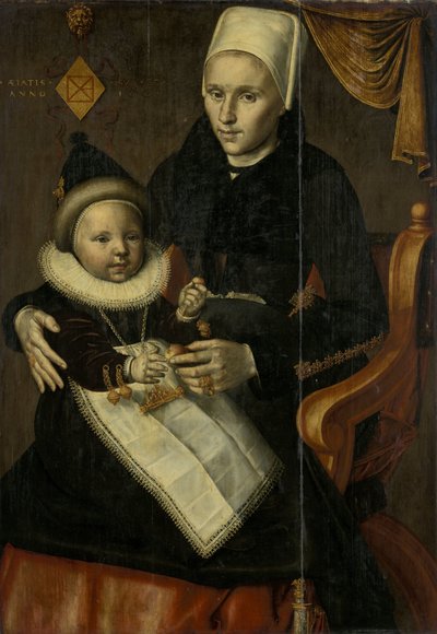 Moeder en kind in Noord-Hollandse klederdracht door Jan Claesz. (attributed to)