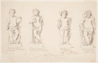 Tekenen, projecten voor standbeelden: "Wijsheid. "Standvastigheid. "Welsprekendheid." "Cupido vermomd.", 1726 door Jan Claudius de Cock