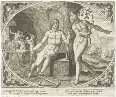 Phoebus brengt Vulcanus op de hoogte van het overspel Venus en Mars (serie) door Jan Collaert (II)