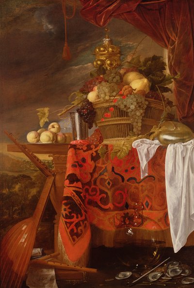 Een mand met gemengd fruit met vergulde beker, zilveren kelk, nautilus, glas en perziken op een bord door Jan Davidsz de Heem