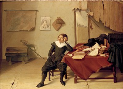 Interieur van een Kamer met een jonge Man zittend aan een Tafel door Jan Davidsz de Heem