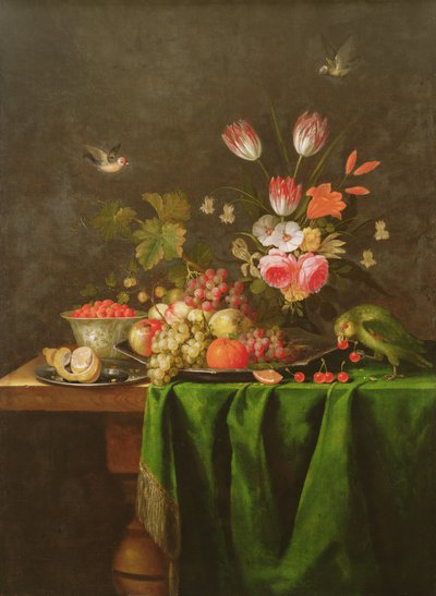 Stilleven van Fruit en Bloemen met een Papegaai op een Tafel bedekt met een Groene Doek door Jan Davidsz de Heem