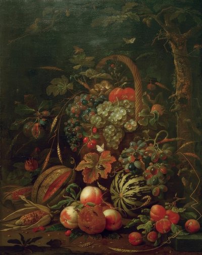 Stilleven met fruitmand, pompoen, meloen en perziken aan een eik door Jan Davidsz de Heem