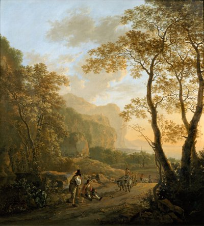 Landschap met rustende reizigers en ossenkar, ca. 1645 door Jan Dirksz Both
