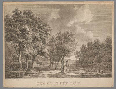 Landschap met een paar, wandelend langs de oever van het Gein door Jan Evert Grave