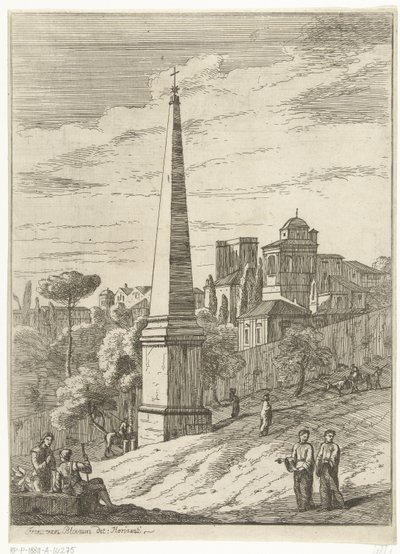 Italianiserend landschap met obelisk en gezicht op stad door Jan Frans van Bloemen
