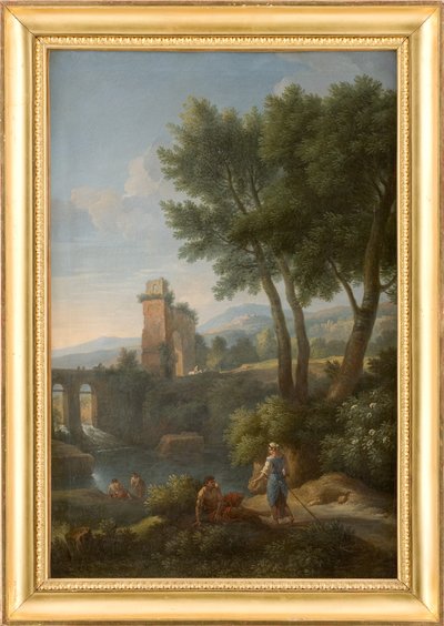 Landschap bij de brug door Jan Frans van Bloemen