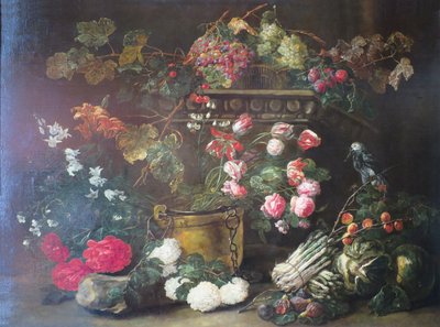 Stilleven met bloemen, fruit en een papegaai door Jan Fyt