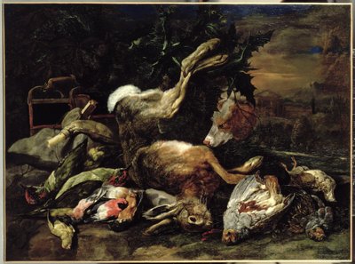 Stilleven met een Haas, Zangvogels en een Vogelnet met een Spaniel op de Achtergrond door Jan Fyt