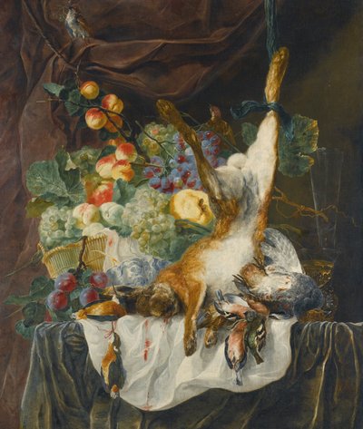 Stilleven van een haas, wild en zangvogels voor een stilleven van fruit in een mand op een richel door Jan Fyt