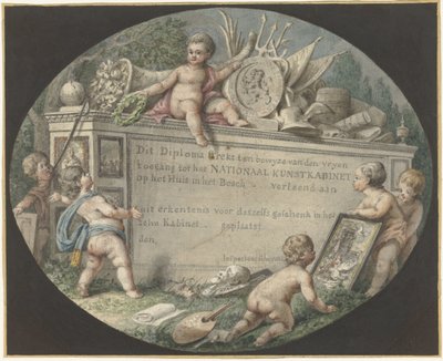Ontwerp van een toegangsbewijs voor het Nationaal Kunstkabinet op het Huis ten Bosch door Jan Gerard Waldorp (possibly)