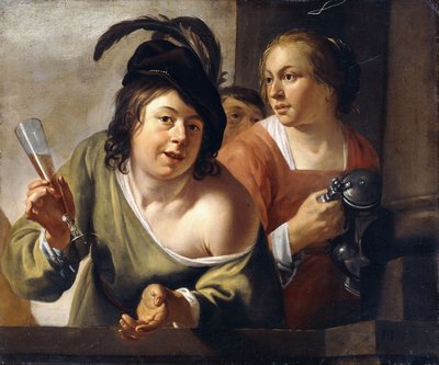 Een jonge drinker en een dienstmeid drinken op een balkon door Jan Gerritsz. van Bronckhorst