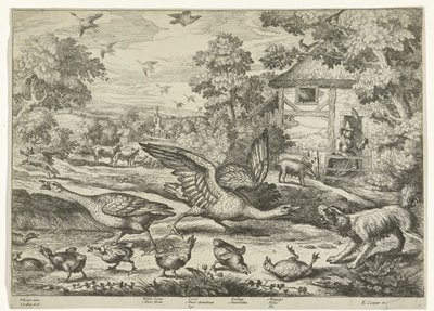 Landschap met twee ganzen die hun jongen verdedigen door Jan Griffier (I)