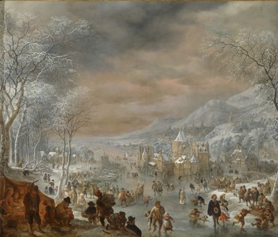 Winterlandschap met schaatsers, kerk en dorp langs de oever van een rivier door Jan Griffier