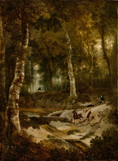 Boslandschap met hertenjacht door Jan Hackaert