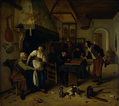 Interieur van een Herberg met een Oude Man die zich Vermaakt met de Kastelein en Twee Mannen die Backgammon Spelen, bekend als 