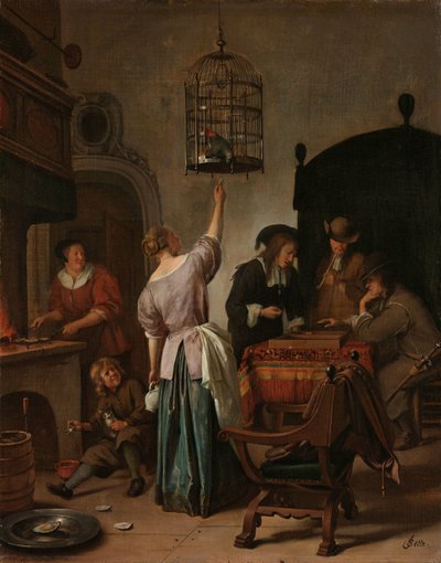 Interieur met een vrouw die een papegaai voert, bekend als 