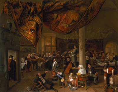 Een dorpsbruiloftsfeest met feestvierders en een danspartij, 1671 door Jan Havickszoon Steen