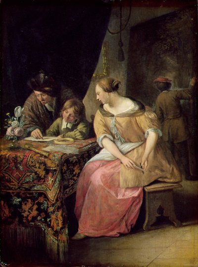 Interieur met een schilder en zijn familie door Jan Havickszoon Steen