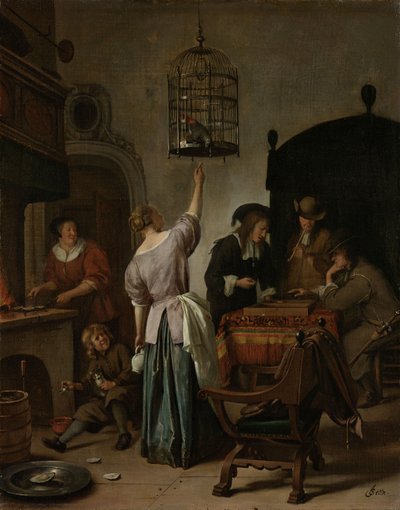 Interieur met een vrouw die een papegaai voedt, bekend als 