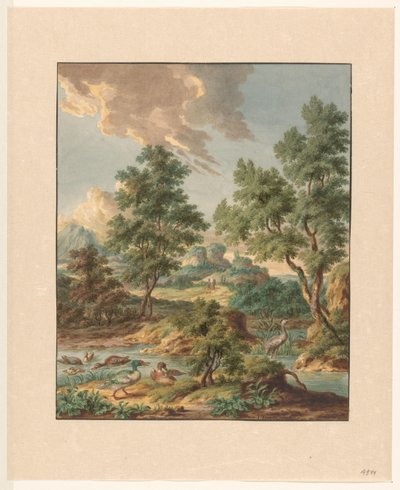 Landschap met watervogels in een poel door Jan Hendrik Troost van Groenendoelen