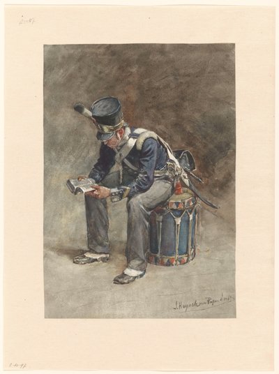 Zittende lezende tamboer van de infanterie door Jan Hoynck van Papendrecht