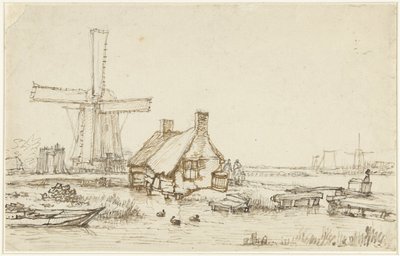 Landschap met huisjes en windmolen door Jan Hulswit