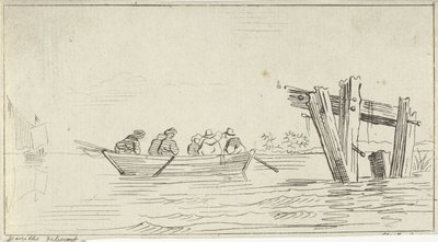 Roeiboot met figuren op een rivier door Jan Izaak van Mansvelt