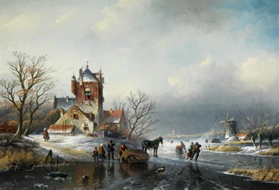 Jan Jacob Spohler Winterlandschap met molen en schaatsers door Jan Jacob Spohler