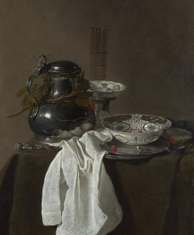Stilleven met een tinnen kan en twee Ming kommen, 1651 door Jan Jansz. Treck