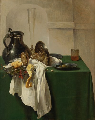 Tinnen kan en zilveren tazza op tafel door Jan Jansz den Uyl