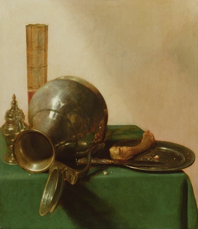 Stilleven met een omgevallen kruik door Jan Jansz. den Uyl