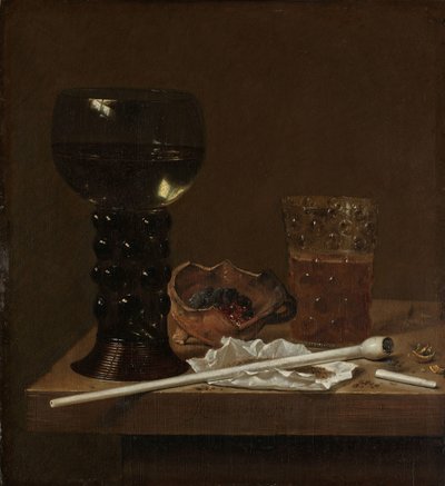 Stilleven met roemer, bierglas en een pijp door Jan Jansz. van de Velde (III)