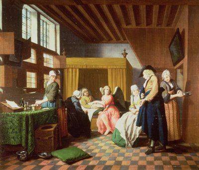 Het Bezoek van de Dokter - Een Nederlands Spreekwoord: De Dokter wordt Afgebeeld als een Engel die de Zieke Man Hulp Biedt (een van een set van vier) door Jan Josef the Elder Horemans