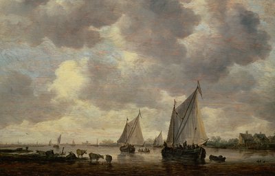 Een Kanaal in Nederland, of Twee Grote Zeilschepen en Vee bij een Rivier door Jan Josephsz van Goyen