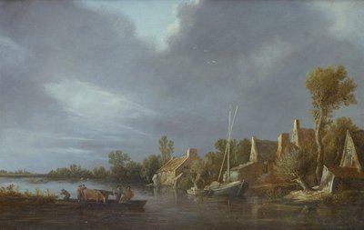 Een Dorp bij een Rivier met Boeren en Vee op een Veerboot door Jan Josephsz van Goyen