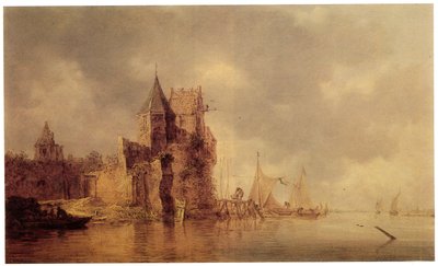 Een middeleeuwse toren op een kasteelwal met zeilschepen aan een steiger en een roeiboot op de voorgrond door Jan Josephsz van Goyen
