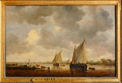 Deux grandes barques à voiles sur un fleuve et bestiaux près de la rive - Twee grote zeilboten op een rivier en dieren op de oevers ... door Jan Josephsz van Goyen