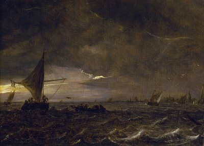 Vissersboten in een estuarium bij schemering, met een uitzicht op een stad en zijn klokkentoren aan de horizon door Jan Josephsz van Goyen
