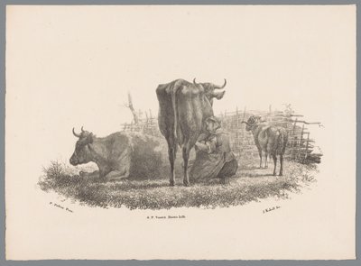 Melkende boerin, twee koeien en een ram (serie: Beesten Studien door J. Kobell naar Paul Potter Nr. 1) door Jan Kobell (III)