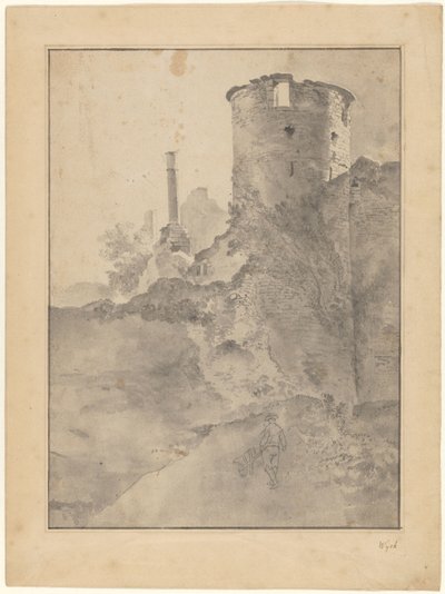 Gezicht op een Italiaanse ronde toren bij een vervallen muur door Jan Lapp
