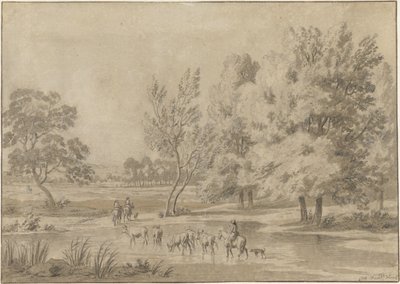 Landschap met bomen, ruiters en enkele koeien in een drenkplaats door Jan Laurensz. van der Vinne
